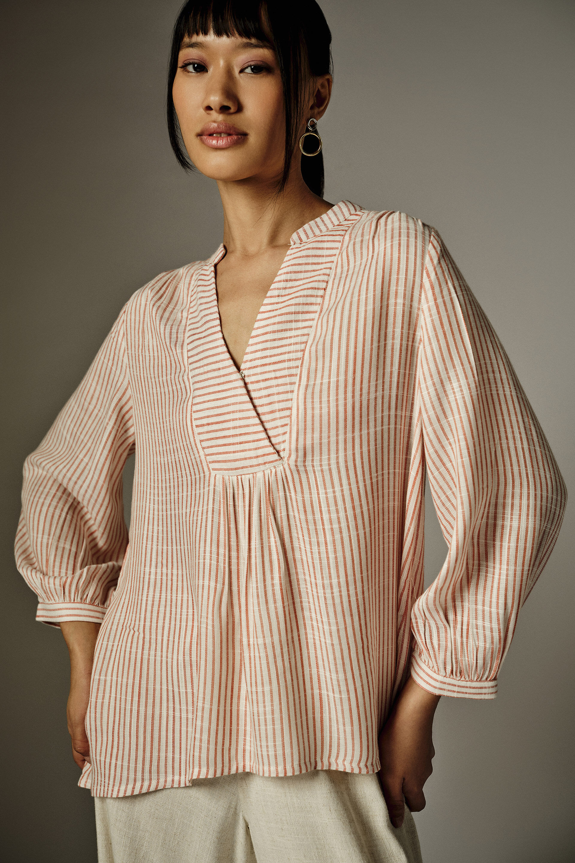 Lavina Coral Striped Top, Off White, image 2